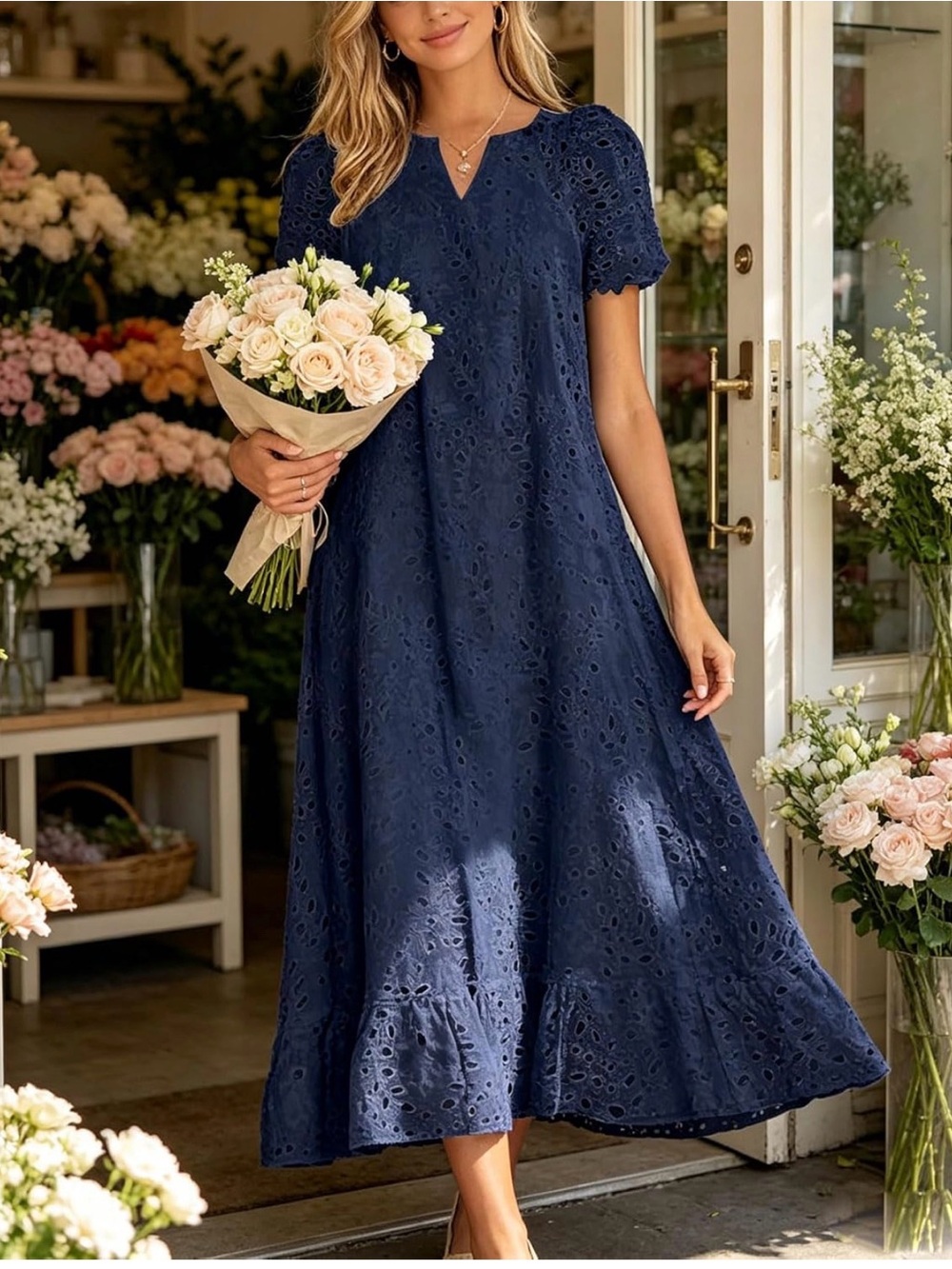 Navy Eyelet Midi Dress with Short Sleeves